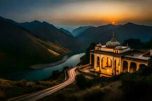 the sun sets over a temple in the mountains. AI-Generated photo
