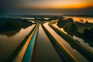 a long bridge with water flowing through it at sunset. AI-Generated photo