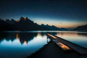 a pier in the middle of a lake at night. AI-Generated photo