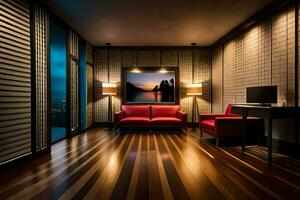 a living room with a red couch and a window. AI-Generated photo