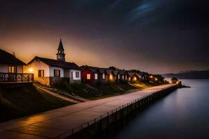 a long exposure photograph of a row of houses on the shore of a lake. AI-Generated photo