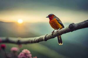 a colorful bird sits on a branch in front of the sun. AI-Generated photo