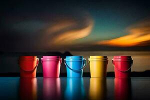 five colorful buckets sit on a table in front of a sunset. AI-Generated photo