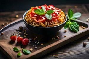 spaghetti with tomato sauce and basil leaves in a bowl on a wooden table. AI-Generated photo