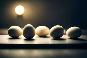 five eggs are lined up on a table. AI-Generated photo