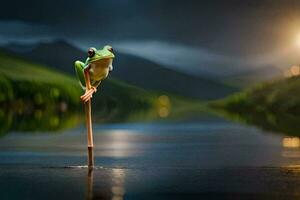 a frog on a stick in the water. AI-Generated photo