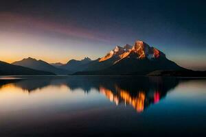 el montañas son reflejado en el agua a puesta de sol. generado por ai foto