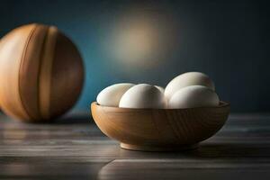 a wooden bowl with eggs in it. AI-Generated photo