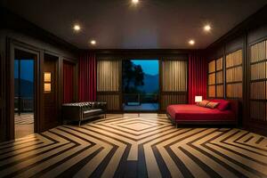 a bedroom with a red bed and black and white striped floor. AI-Generated photo