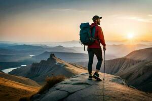 a man with a backpack stands on top of a mountain at sunset. AI-Generated photo