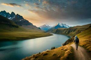 a man walks along a path in the mountains. AI-Generated photo