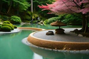 un japonés jardín con un estanque y un árbol. generado por ai foto