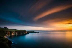the sunset over the ocean and cliffs. AI-Generated photo