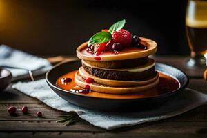 pancakes stacked on top of each other with berries and syrup. AI-Generated photo