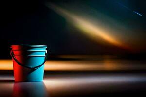 a blue bucket sitting on a table with a bright light. AI-Generated photo