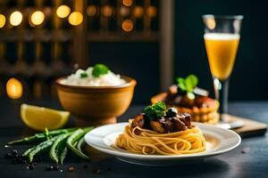 spaghetti with meat and vegetables on a plate. AI-Generated photo