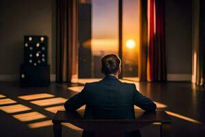 a man in a suit sits at a desk looking out at the sunset. AI-Generated photo