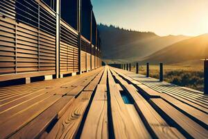 a wooden walkway with the sun setting behind it. AI-Generated photo