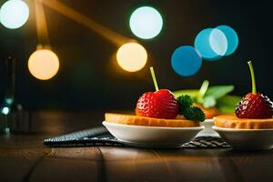 dos pequeño postres en un mesa con luces. generado por ai foto