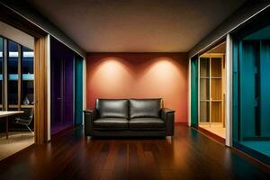 a room with a couch and colorful walls. AI-Generated photo