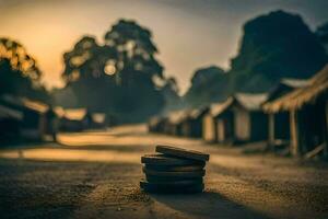 a stack of wooden blocks on the ground in front of a village. AI-Generated photo