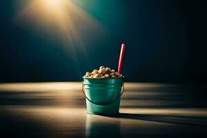 a bucket of popcorn with a red straw sitting on a table. AI-Generated photo