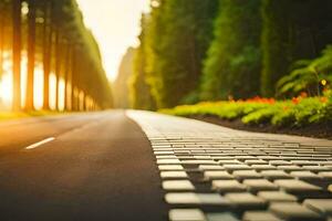 un la carretera con arboles y césped en ambos lados generado por ai foto