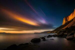 the aurora lights up the sky over a cliff. AI-Generated photo