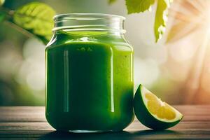 a green smoothie with a slice of lime on a wooden table. AI-Generated photo