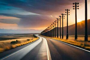 a long road with telephone poles in the distance. AI-Generated photo