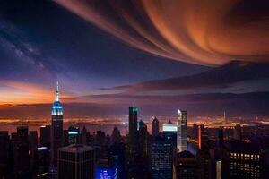 el ciudad horizonte a noche con un vistoso cielo. generado por ai foto