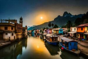 colorful houses and boats on a river at sunset. AI-Generated photo