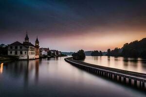 a long exposure photograph of a river and a church. AI-Generated photo