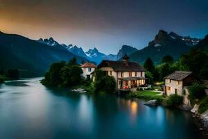 foto fondo de pantalla el cielo, montañas, río, casa, lago, el montañas, el lago,. generado por ai