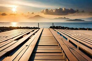 a wooden pier with a mountain in the background. AI-Generated photo
