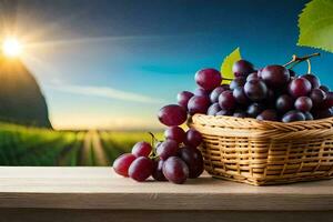 grapes in a basket on a table. AI-Generated photo