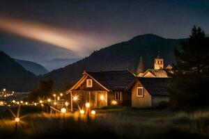 foto fondo de pantalla el cielo, noche, montañas, luces, el aldea, el luces, el aldea. generado por ai