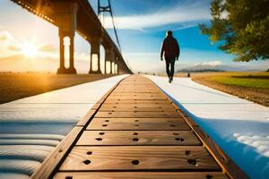 a person walking on a wooden walkway under a bridge. AI-Generated photo