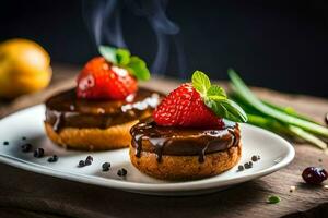 two small cakes with chocolate and strawberries on a plate. AI-Generated photo