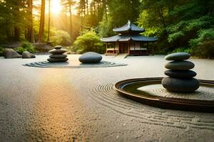 zen jardín con piedras y pagoda en el bosque. generado por ai foto