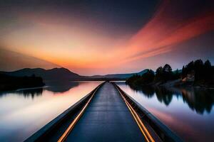 a long bridge over a lake at sunset. AI-Generated photo