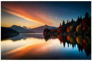 un lago con vistoso arboles y montañas a puesta de sol. generado por ai foto