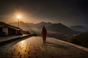 un mujer en rojo túnica caminando abajo un camino en frente de montañas. generado por ai foto