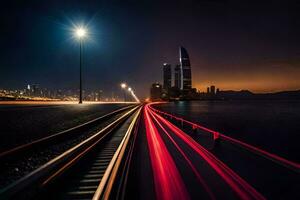a long exposure photo of a train track at night. AI-Generated