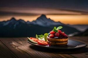 a plate with a sandwich and fruit on a table in front of mountains. AI-Generated photo