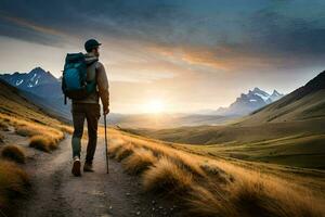 a man with a backpack and trek poles walking on a trail in the mountains. AI-Generated photo