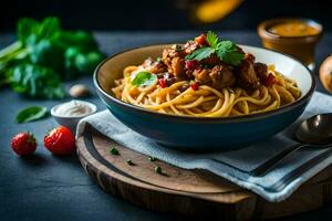 spaghetti with meat and sauce in a bowl. AI-Generated photo