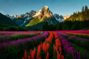 un campo de flores y montañas en el antecedentes. generado por ai foto
