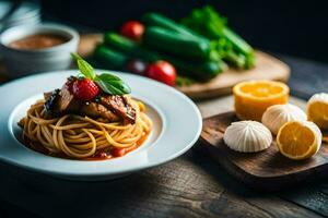 spaghetti with mushrooms and tomatoes on a wooden table. AI-Generated photo