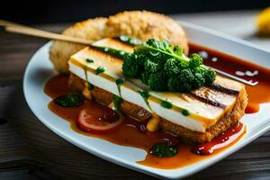 a plate with a grilled tofu and sauce. AI-Generated photo